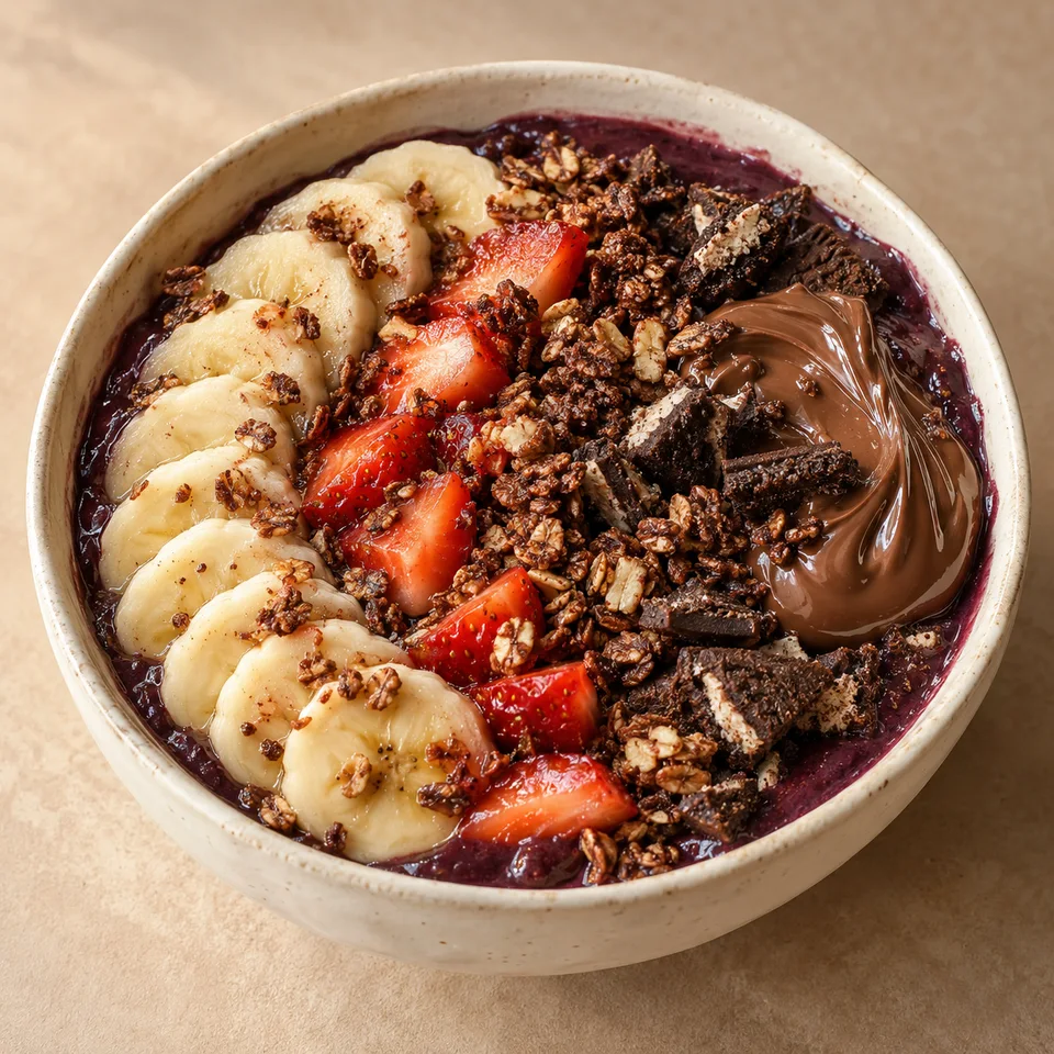 Bowl de açaí Choco Banana con Plátano, Fresa, Granola con chocolate, Galleta troceada, Chocolate con avellana