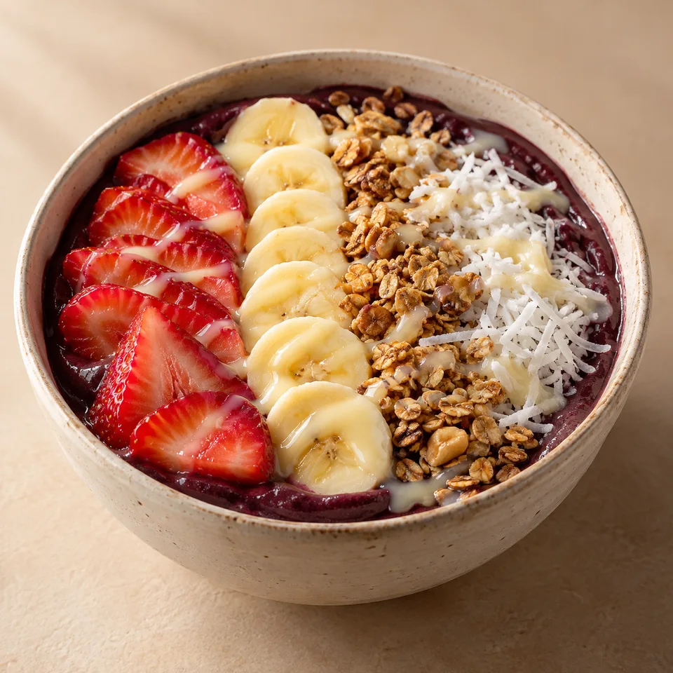 Bowl de açaí Karma Original con Granola de avena, Plátano, Fresa, Coco rallado, Leche condensada
