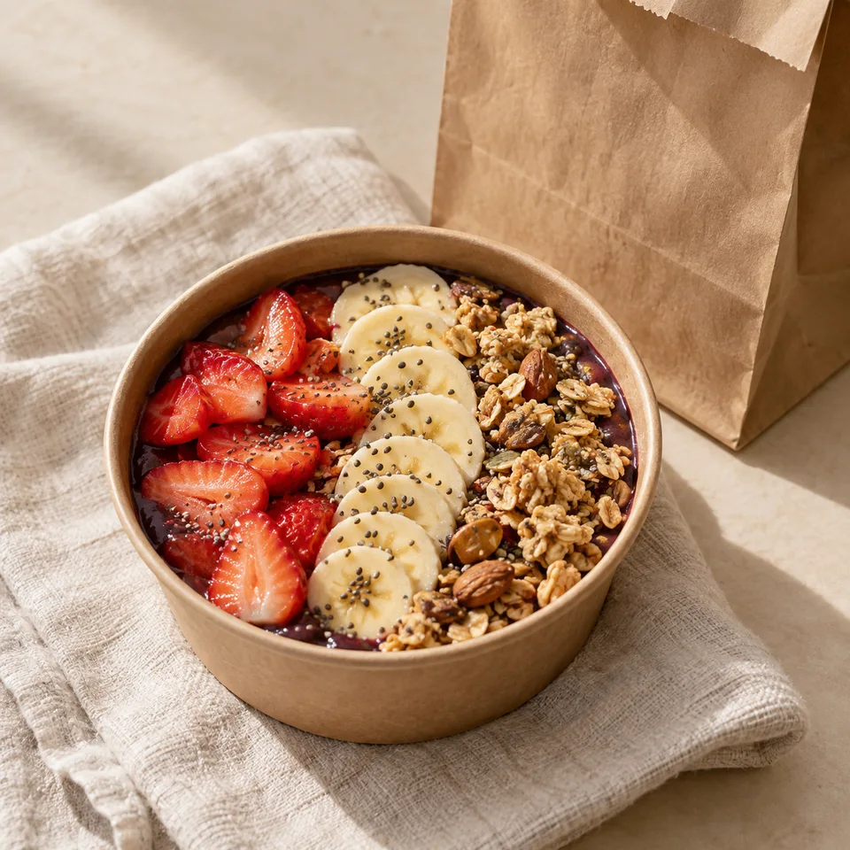 Bowl de açaí preparado para llevar junto a una bolsa kraft