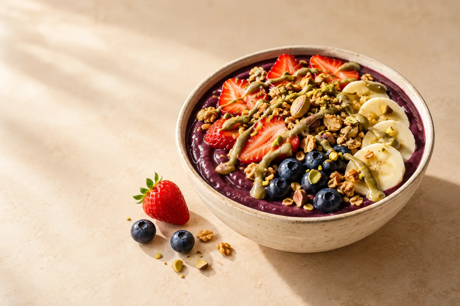 Bowl de açaí con fresa, plátano, arándanos, granola y crema de pistacho